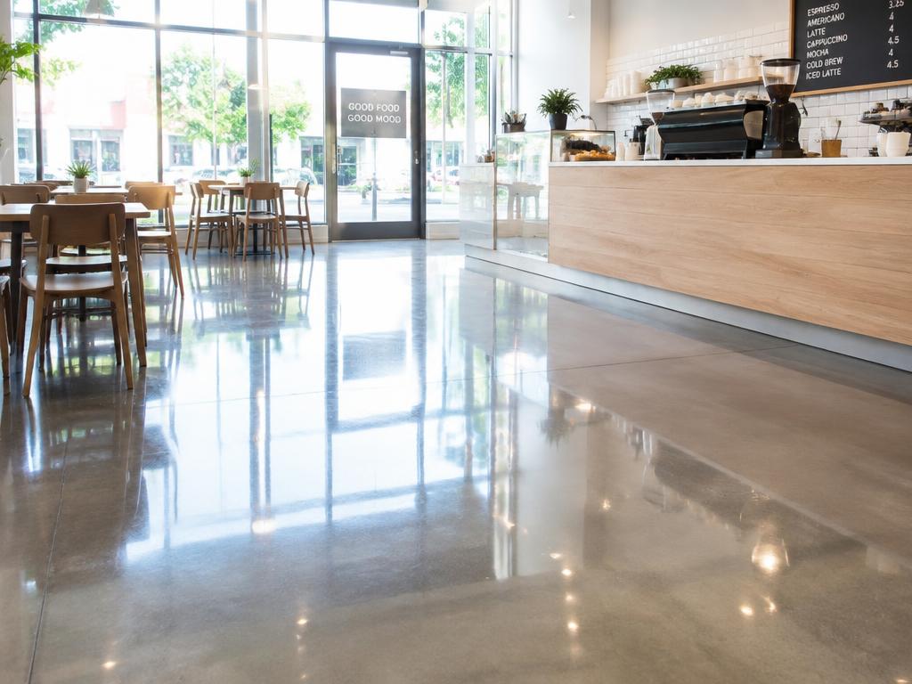 Polished concrete floor in a bright commercial cafe interior