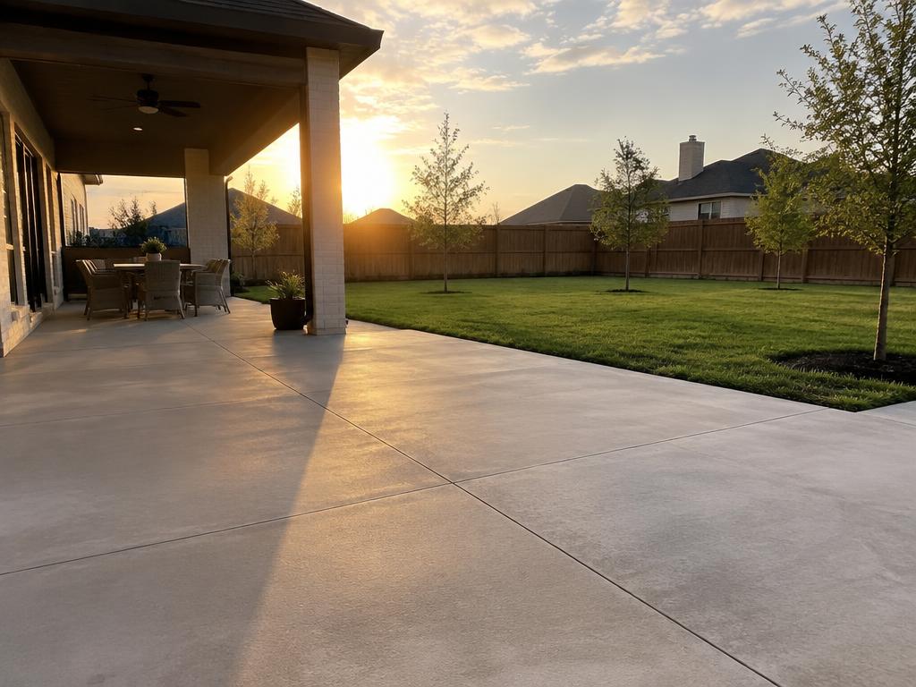 Freshly poured concrete patio at a Texas home at sunset